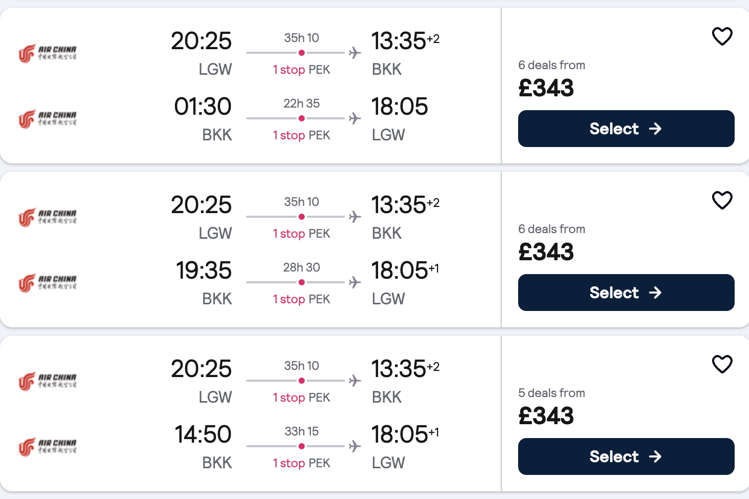 Air China return fares from London Gatwick to Bangkok from £343, one stop in Beijing